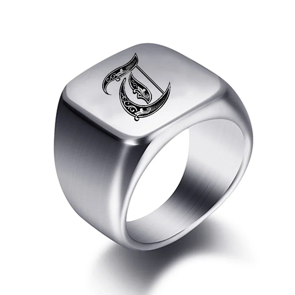 Wide men's signet ring initial t