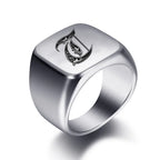 Wide men's signet ring initial t
