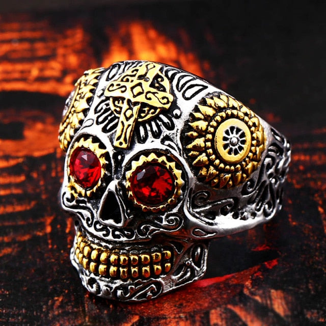 Mexican Skull Ring Red Eyes