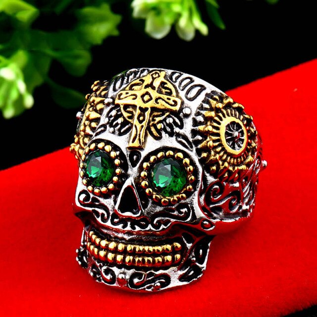 Mexican Skull Ring Green Eyes