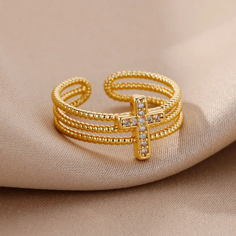 Women's Triple Christian Cross Ring in Gold