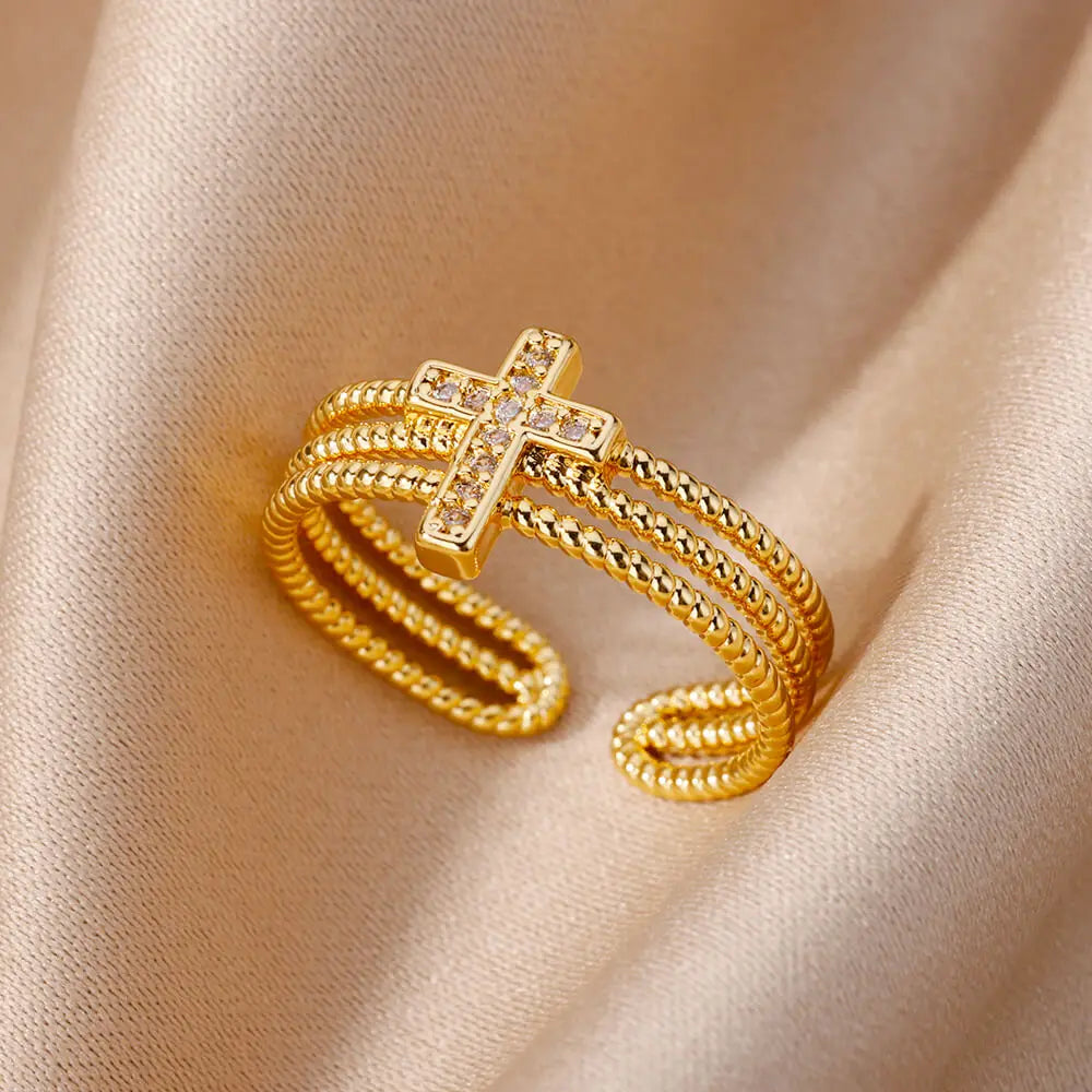 Women's Triple Christian Cross Ring in Gold