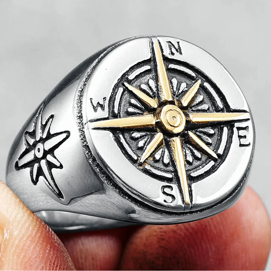 Vintage Compass Rose Men's Ring silver and gold