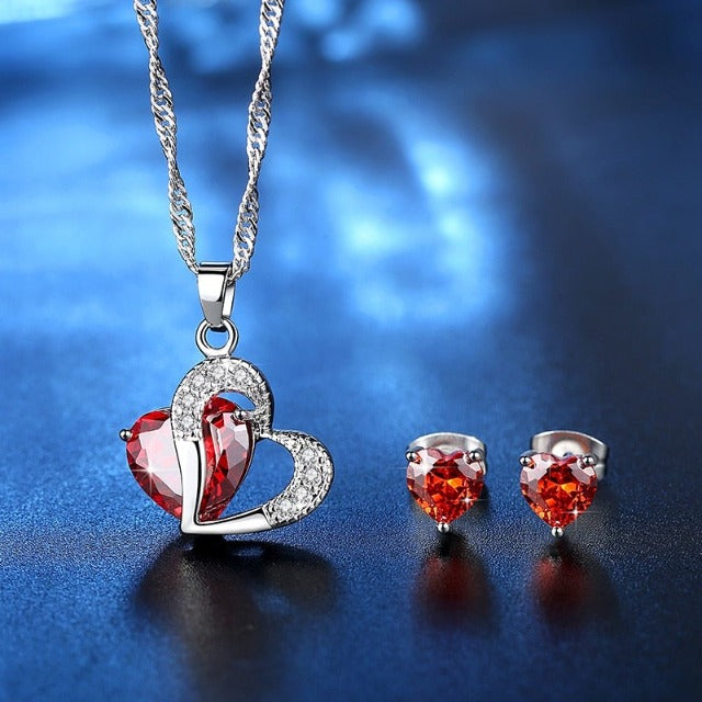 Heart Jewelry Necklace and Earrings red