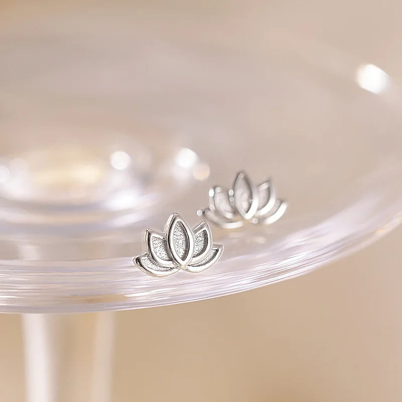 Lotus Flower Stud Earrings for Women Silver