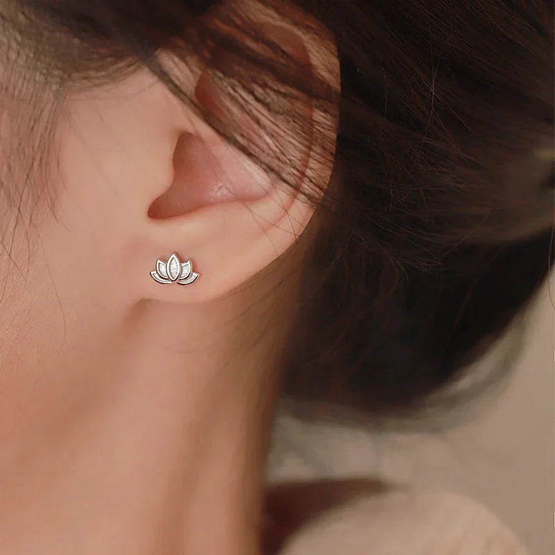 Lotus Flower Stud Earrings for Women Silver