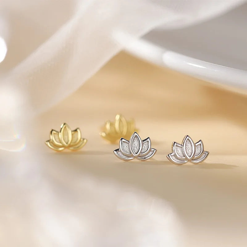 Lotus Flower Stud Earrings for Women Silver