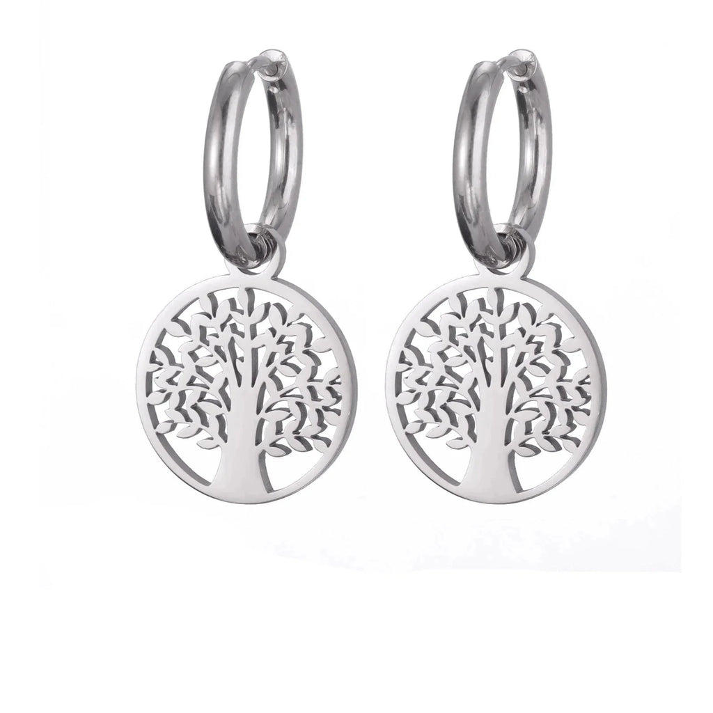 Tree of Life Dangle Hoop Earrings silver