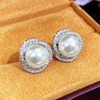 Pearl and Rhinestone Stud Earrings Silver