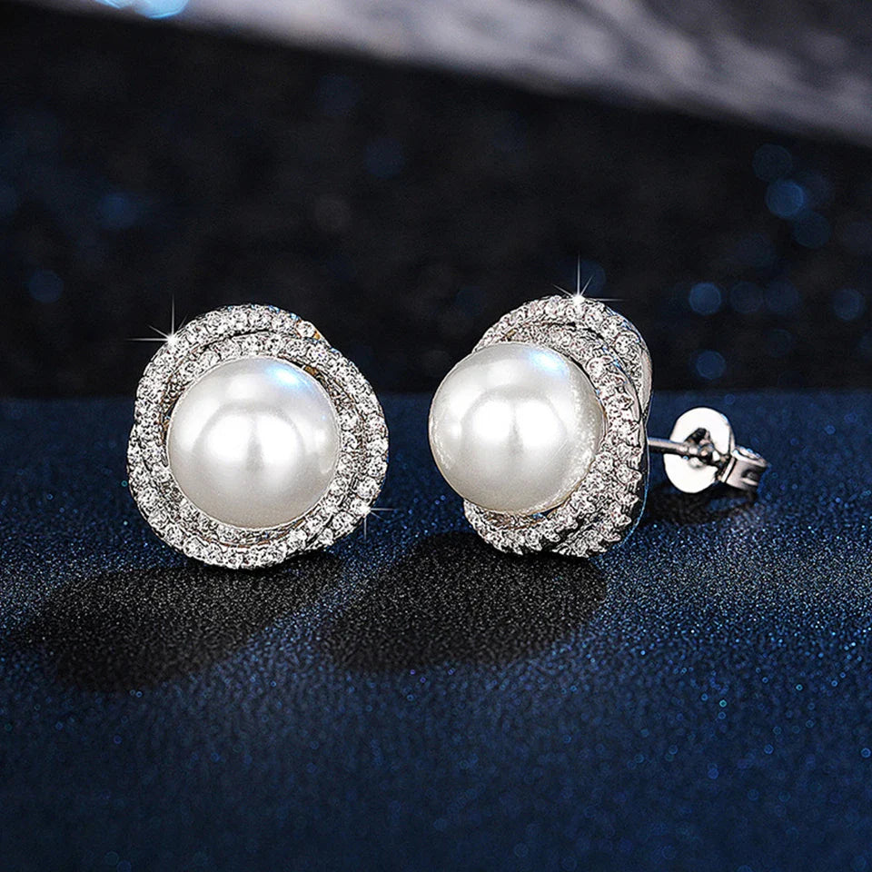 Pearl and Rhinestone Stud Earrings Silver