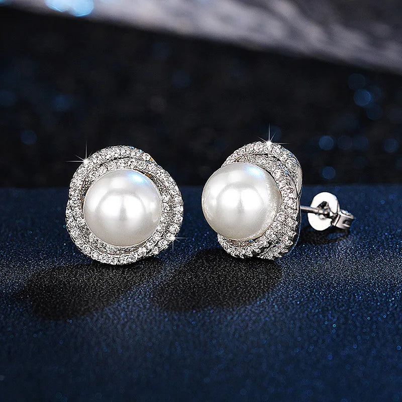 Pearl and Rhinestone Stud Earrings Silver