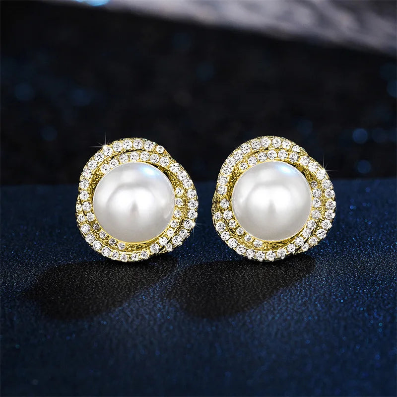 Pearl and Rhinestone Stud Earrings Gold