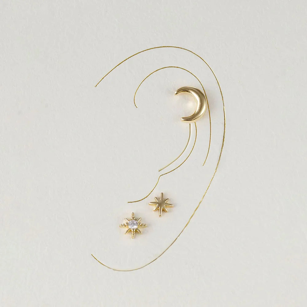 Moon Crescent and Stars Stud Earrings 