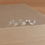 Moon Crescent and Stars Stud Earrings silver
