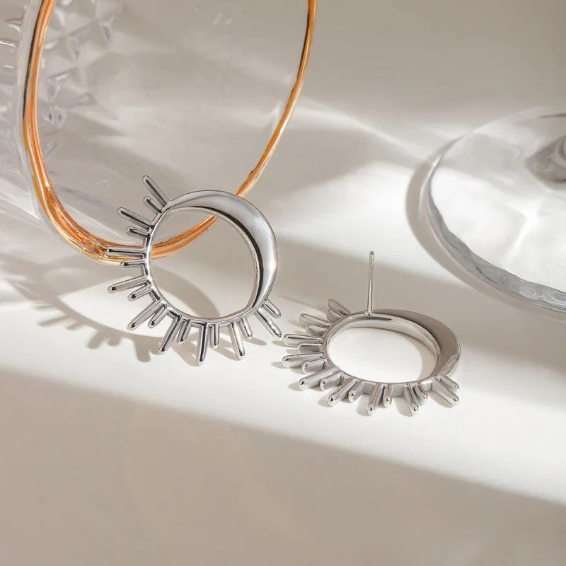 Moon Crescent and Sun Stud Earrings silver