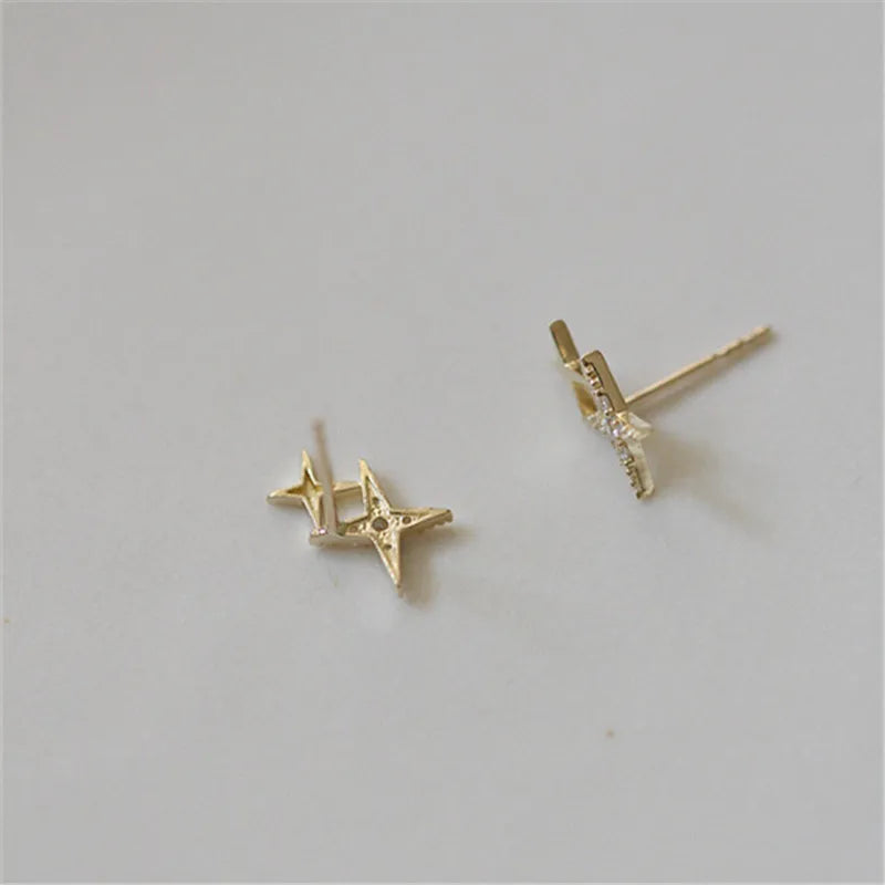 Double Star and Zircon Stud Earrings Gold