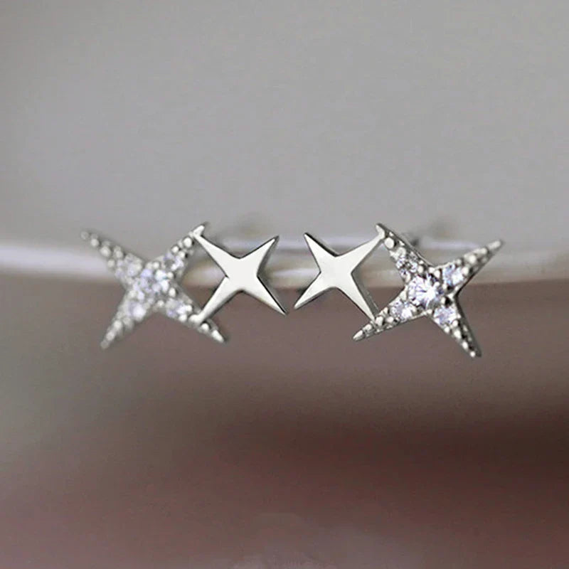 Double Star and Zircon Stud Earrings Silver