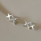 Double Star and Zircon Stud Earrings Silver