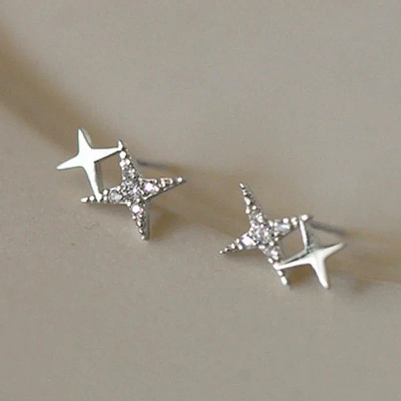 Double Star and Zircon Stud Earrings Silver