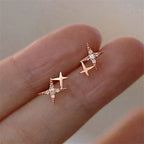 Double Star and Zircon Stud Earrings Rose Gold