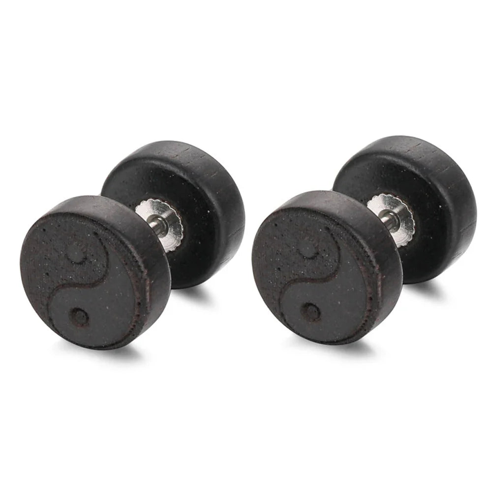 Yin Yang Black Wood Stud Earrings