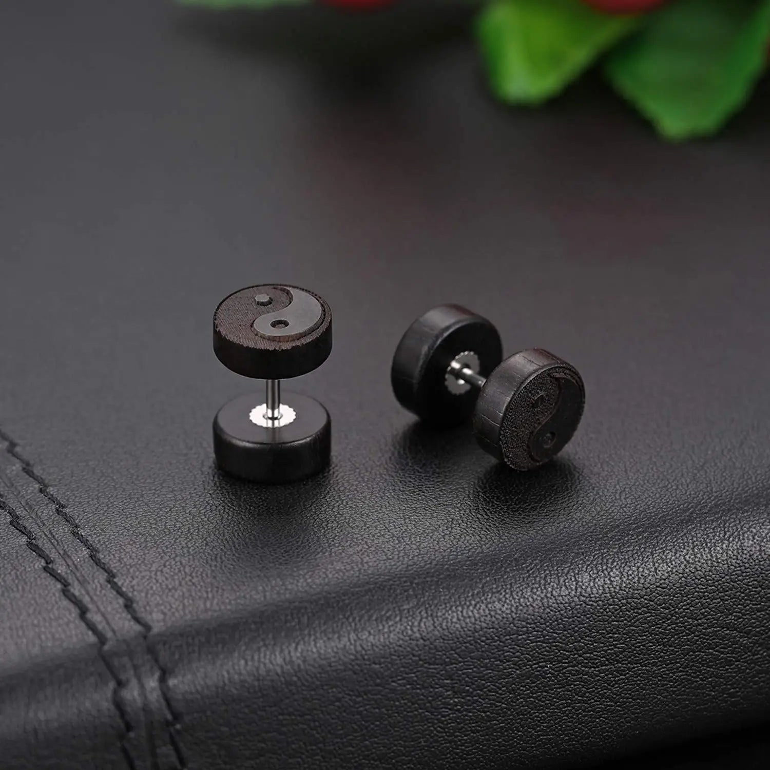 Yin Yang Black Wood Stud Earrings