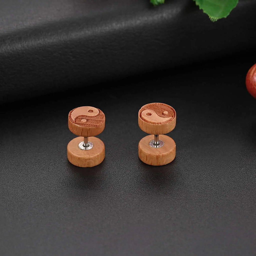 Yin Yang Beige Wood Stud Earrings