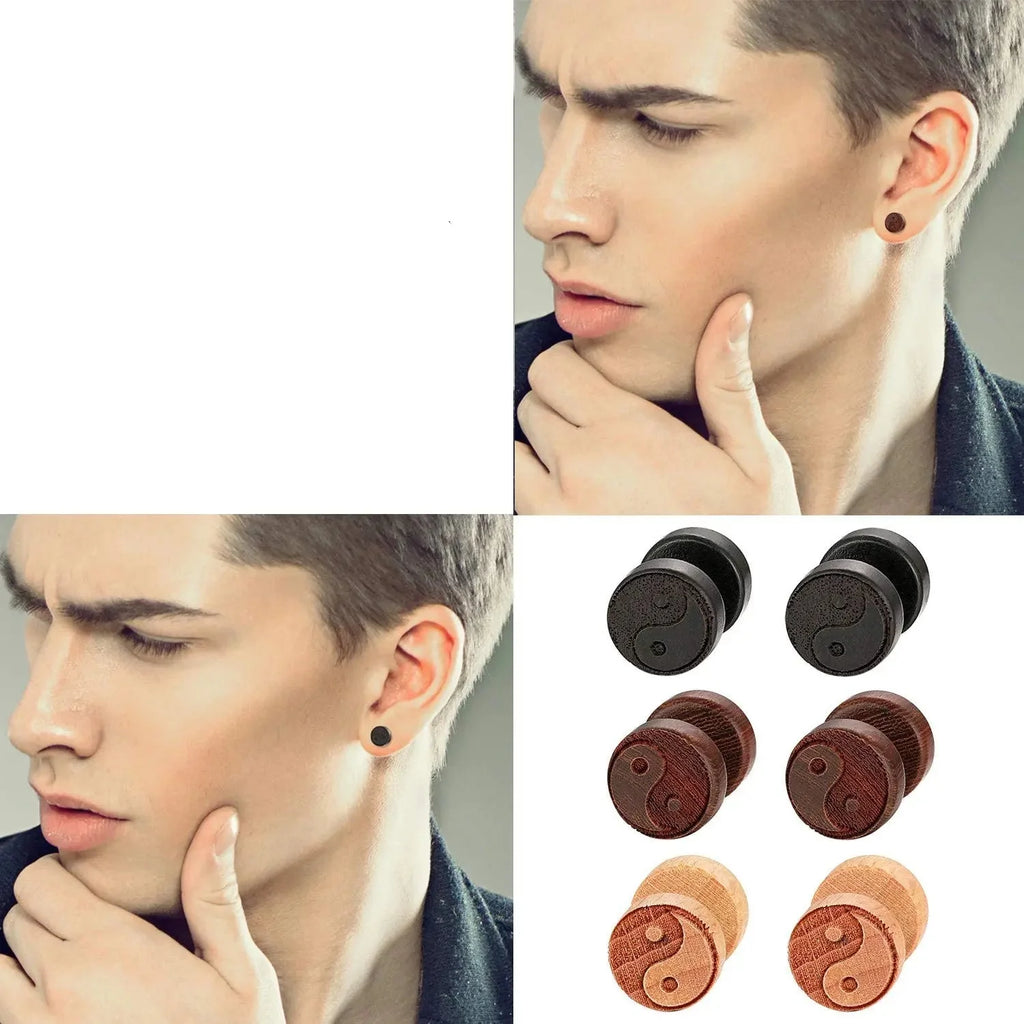Yin Yang Wood Stud Earrings for Men