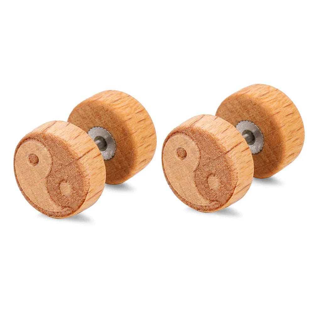 Yin Yang Beige Wood Stud Earrings