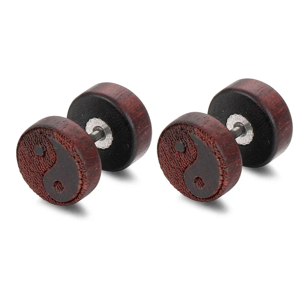 Yin Yang Brown Wood Stud Earrings
