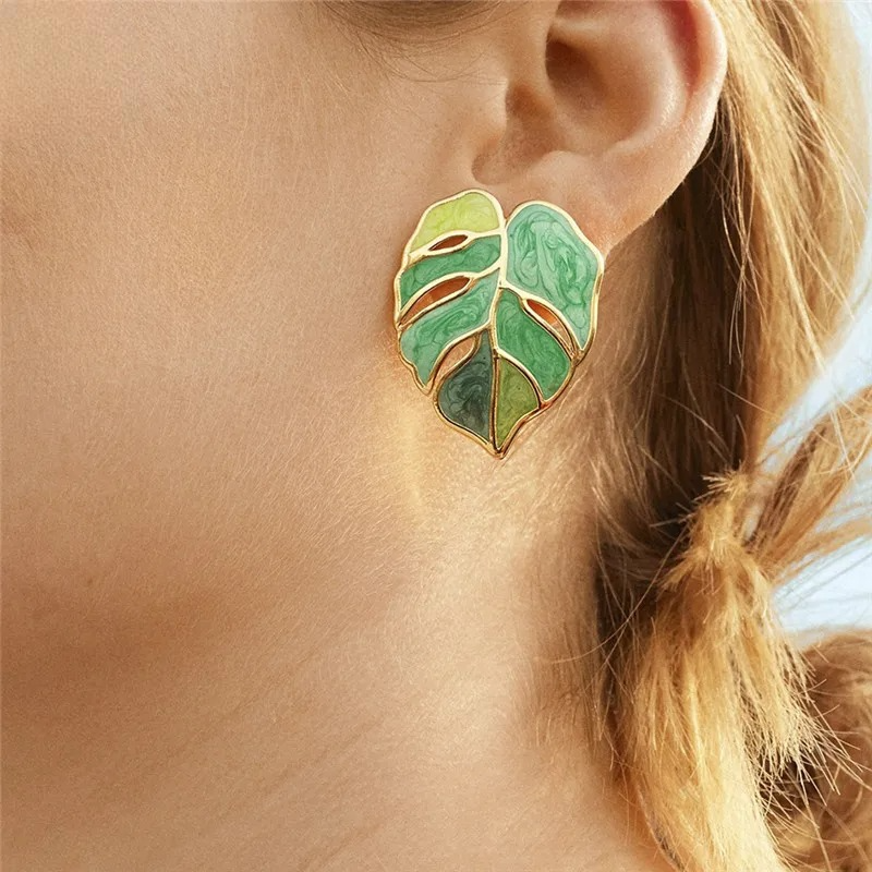 Palm Leaf Stud Earrings Green