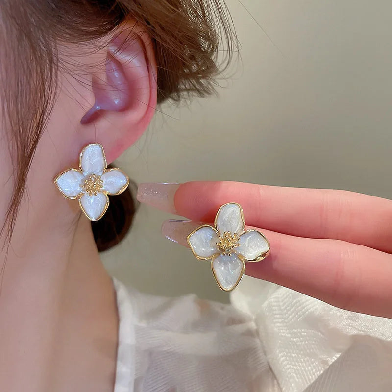 Hibiscus Flower Stud Earrings with White Mother-of-Pearl Petals