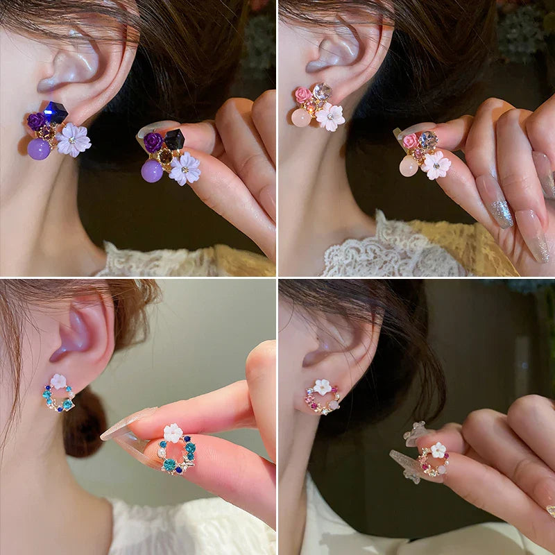 Flower and Pearl Stud Earrings pink 1