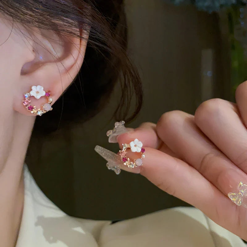 Flower and Pearl Stud Earrings pink 