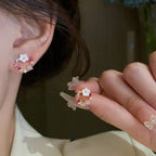 Flower and Pearl Stud Earrings pink 