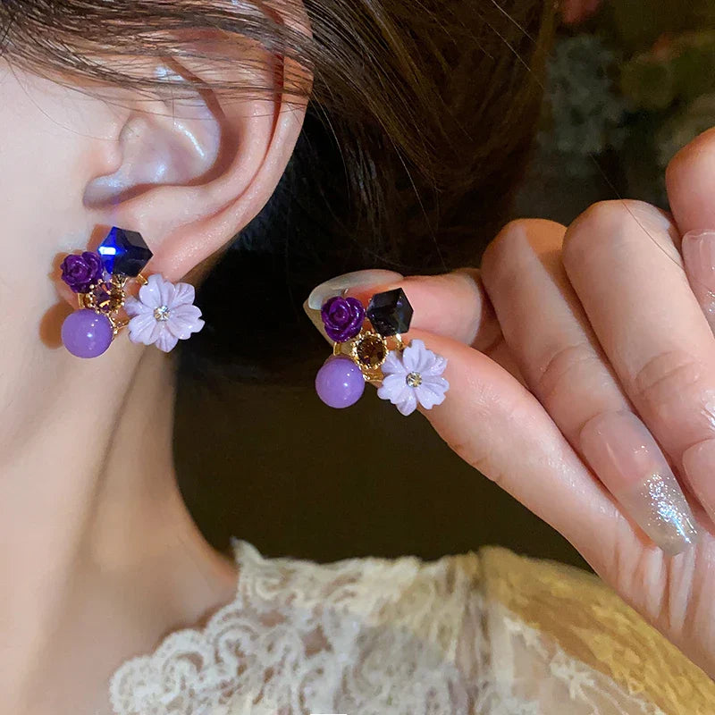 Flower and Pearl Stud Earrings purple 1