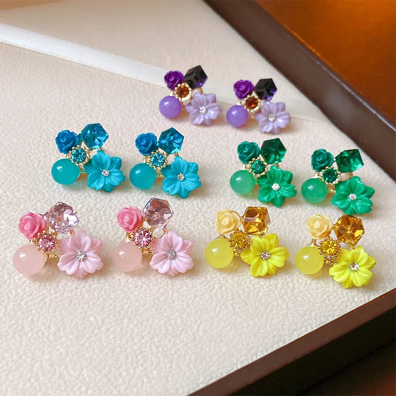Flower and Pearl Stud Earrings purple 1