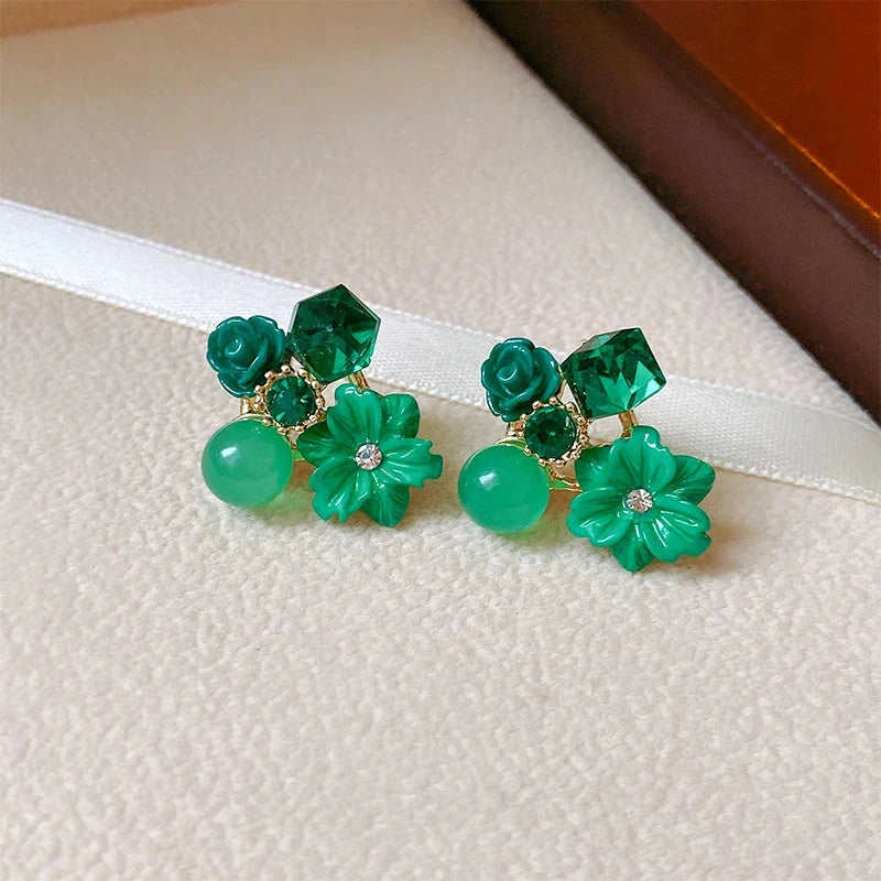Flower and Pearl Stud Earrings green 1