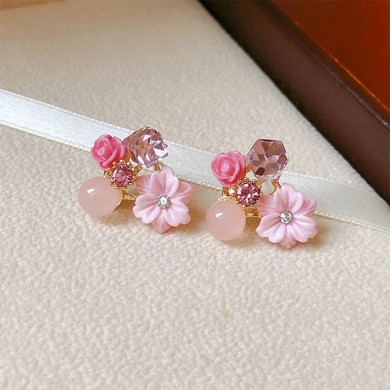 Flower and Pearl Stud Earrings pink 1