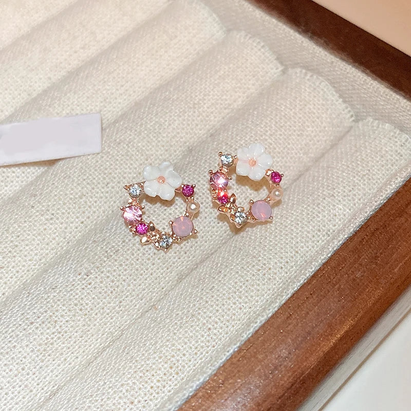 Flower and Pearl Stud Earrings pink 