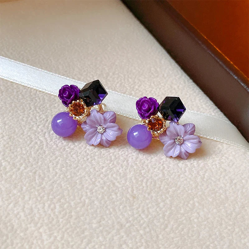 Flower and Pearl Stud Earrings purple 1