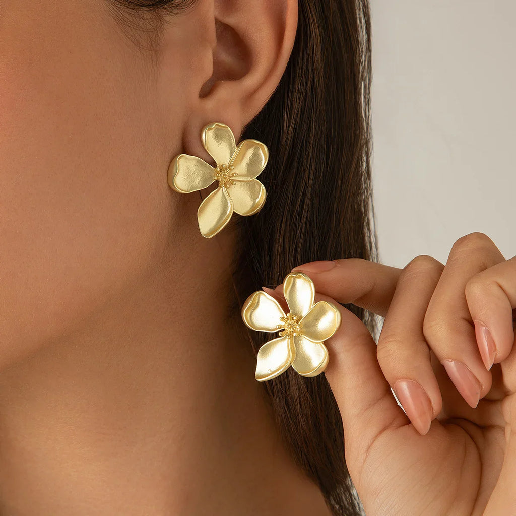 Gold Large Flower Stud Earrings