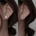 Moon and Sphere Zircon Stud Earrings Silver