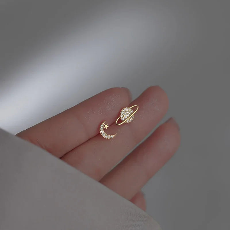 Moon and Sphere Zircon Stud Earrings Gold