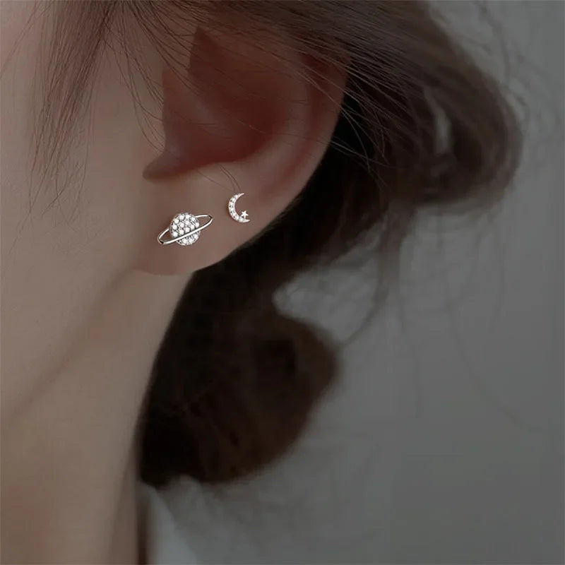 Moon and Sphere Zircon Stud Earrings Silver