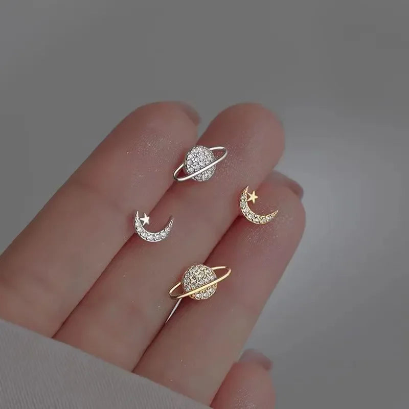 Moon and Sphere Zircon Stud Earrings Gold