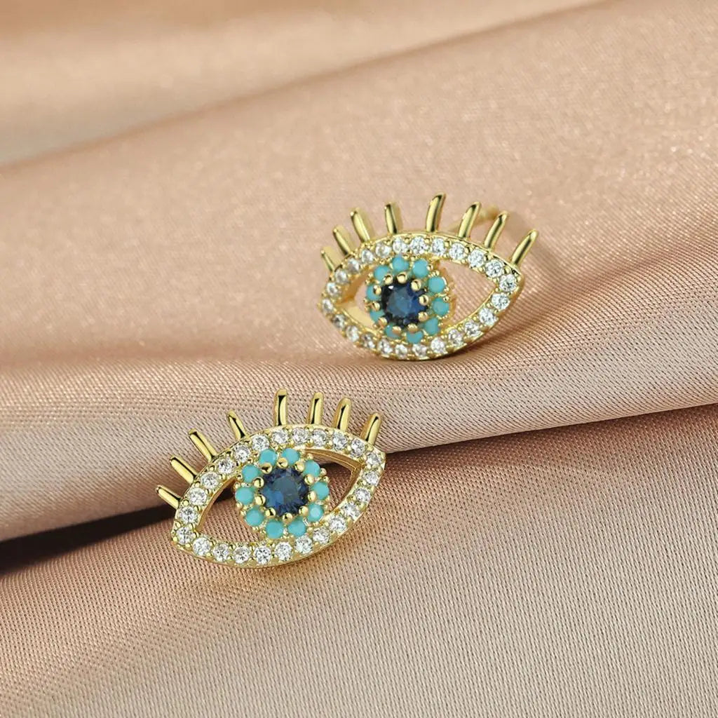 Blue Eye and Rhinestone Stud Earrings