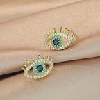 Blue Eye and Rhinestone Stud Earrings