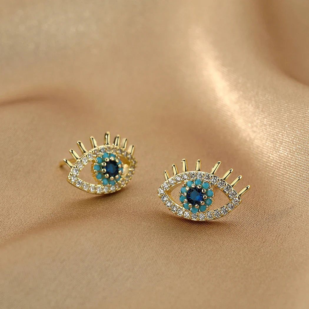 Blue Eye and Rhinestone Stud Earrings