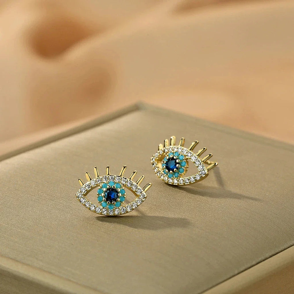 Blue Eye and Rhinestone Stud Earrings
